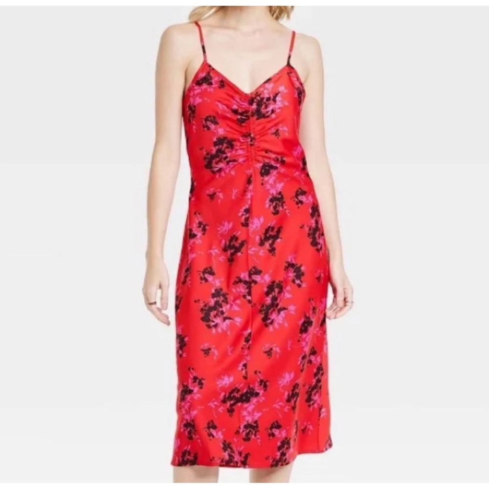 A New Day Womens Red Floral Satin Ruched Midi Slip Dress Large‎